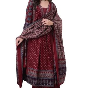 Women’s Rayon Printed Anarkali Kurta and Pant with Dupatta Set