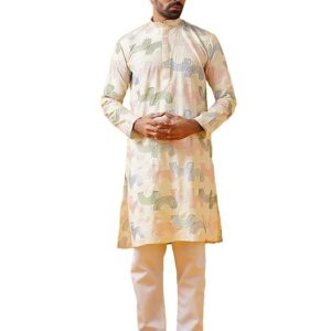 Men’s Cotton Silk Multi Thread Embroidered Kurta with White Pyjama