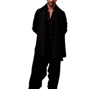 Men’s Black Georgette Kurta, Pyjama & Dupatta Set