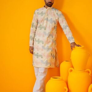 Men’s Cotton Silk Multi Thread Embroidered Kurta with White Pyjama